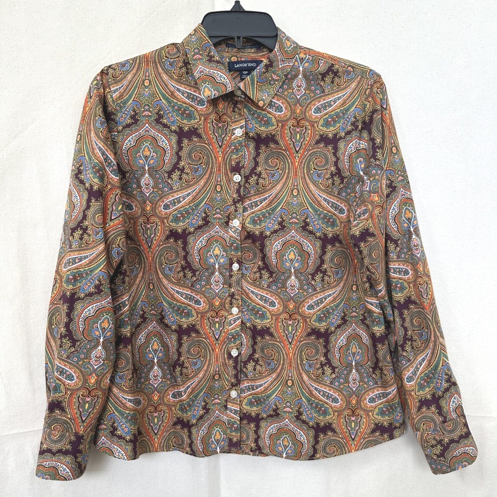 Lands End Boho No Iron Supima Cotton Paisley Button Down Shirt Womens 10P Office